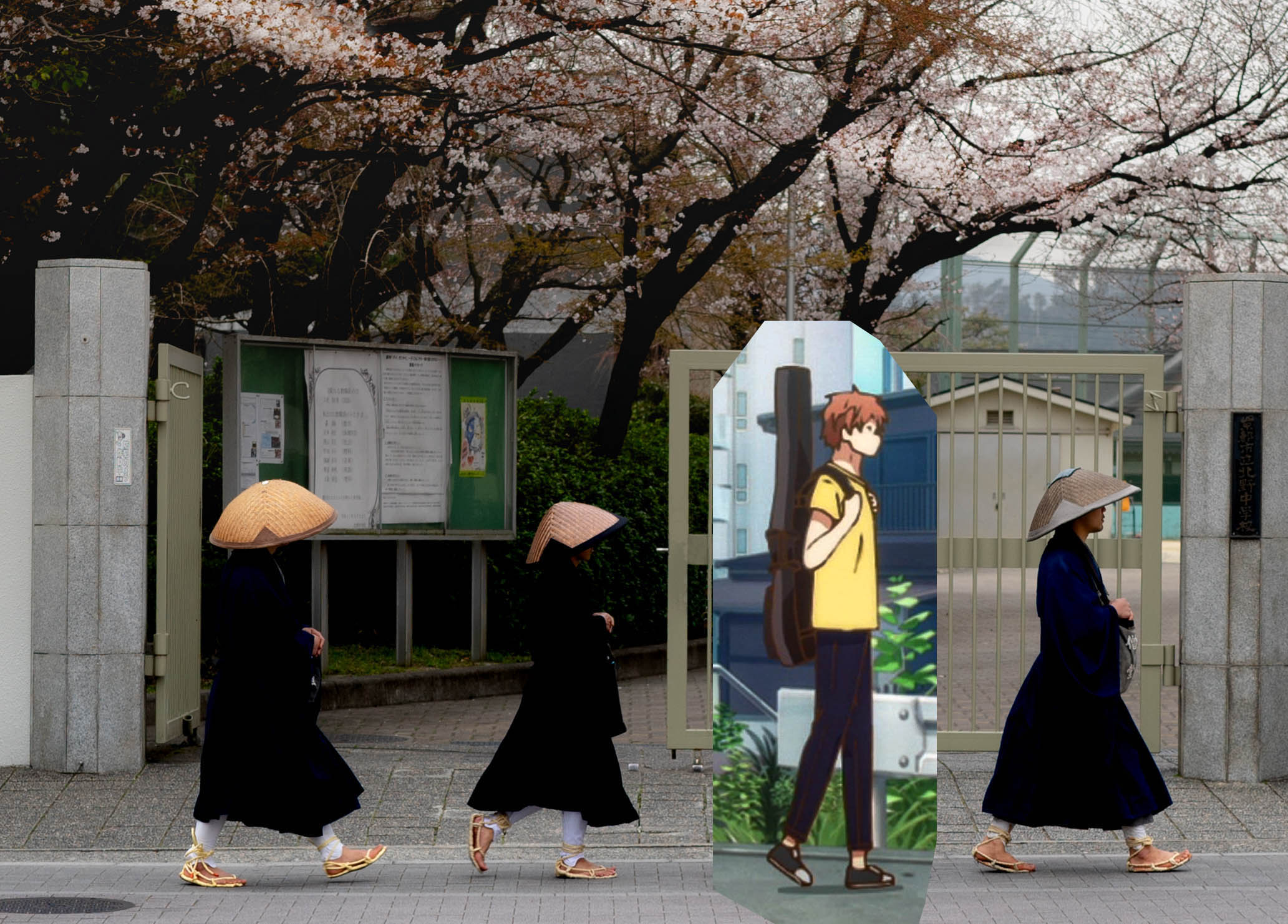 Anime character walking with Japanese Shinto monks, blending anime and gaming culture with the real-world