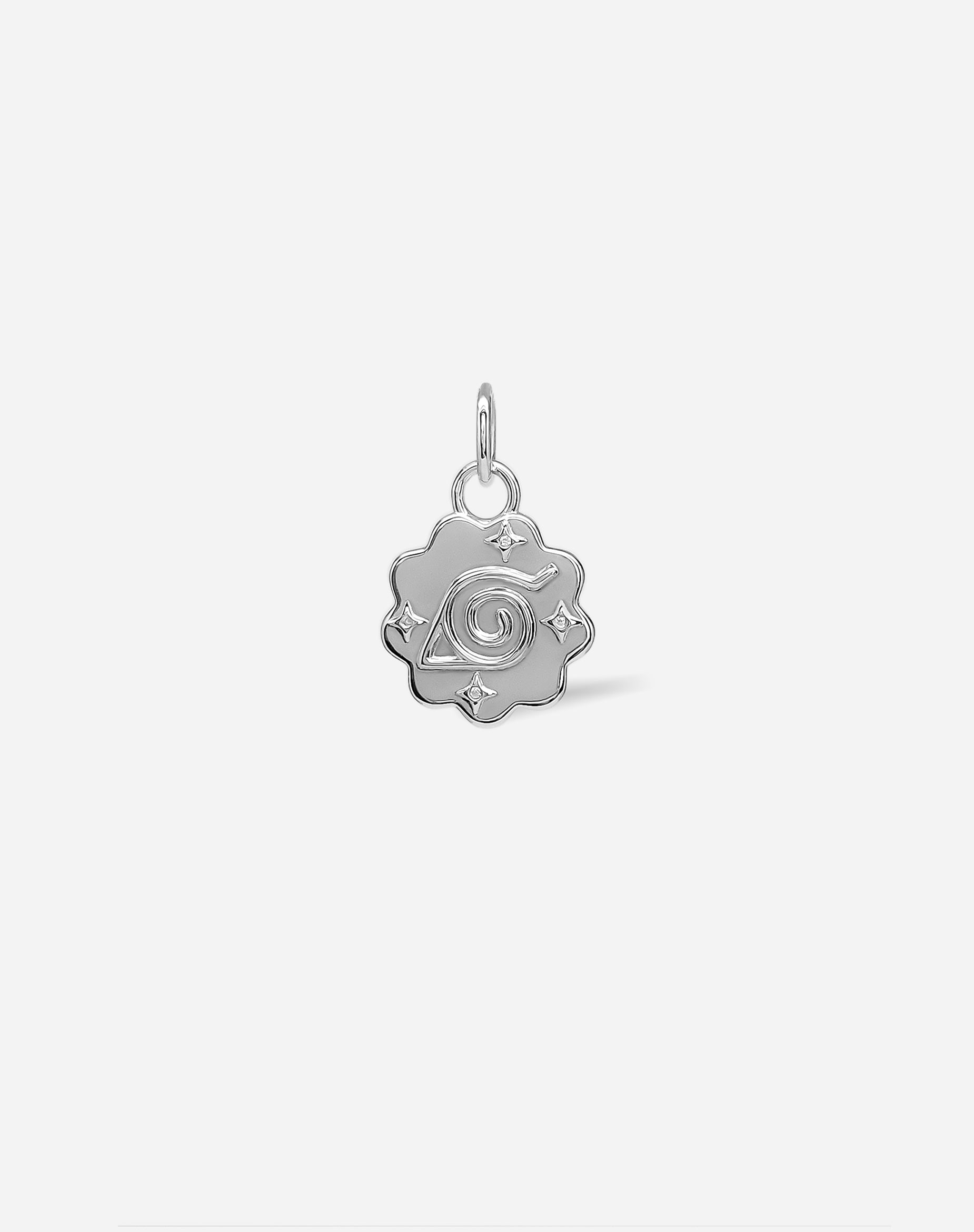 925 sterling silver Konoha charm with a polished finish and a narutomaki-inspired swirl design, designed by BOY OZU Toronto.