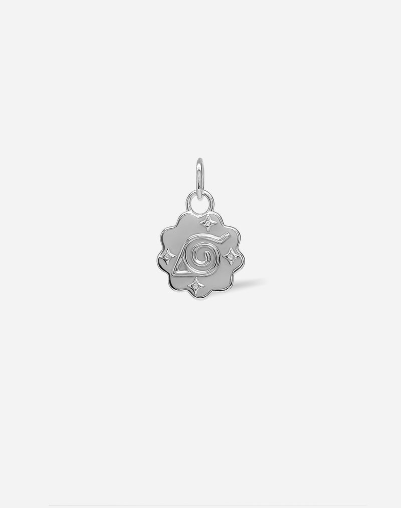 925 sterling silver Konoha charm with a polished finish and a narutomaki-inspired swirl design, designed by BOY OZU Toronto.