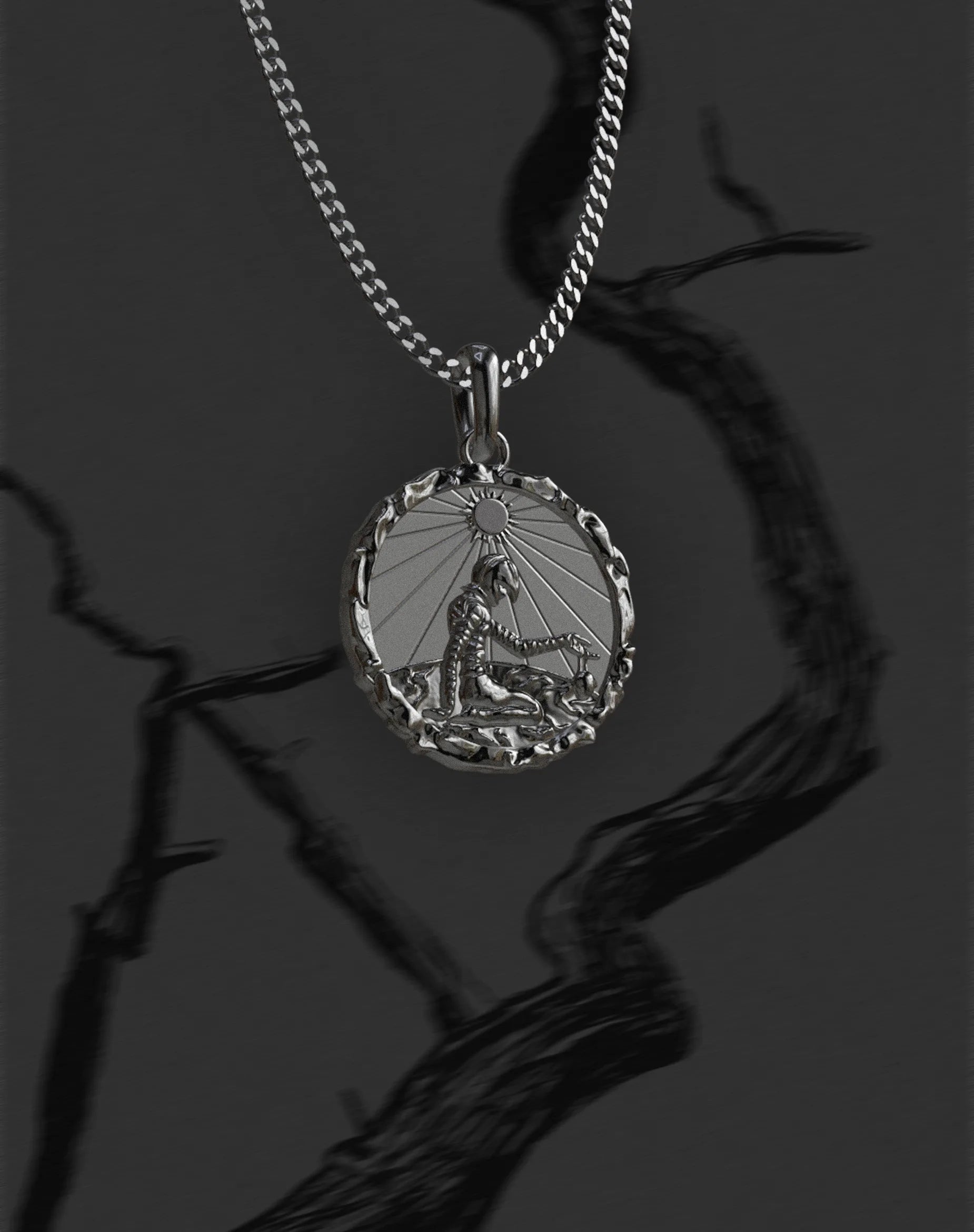 925 sterling silver Eclipse pendant inspired by the eclipse event from Berserk, featuring a thick tapered bail. Designed by OZU.